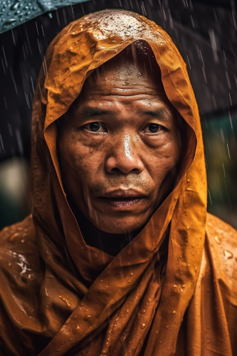 Alien Monk with Tattoos in Rain