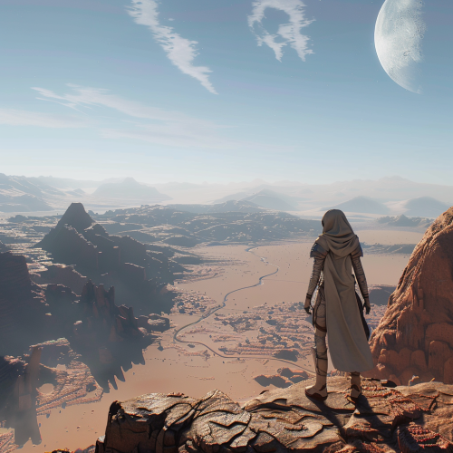 Explorer in alien planet desert