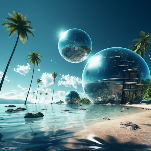 Alien planet with tropical beach and sphere buildings