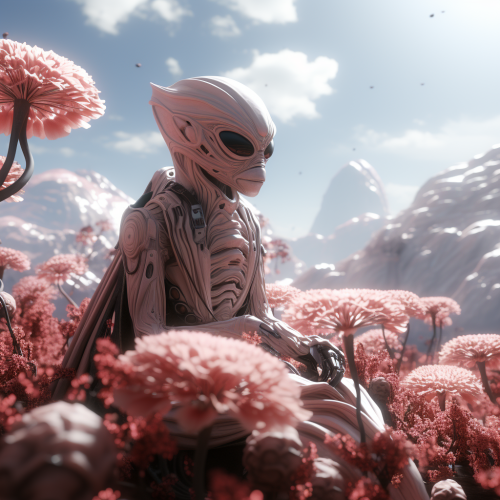 Alien sitting on top of coffin in flower field