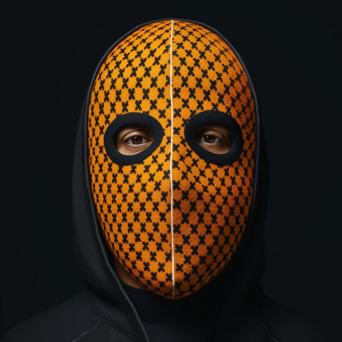 Colourful alien wearing balaclava mask and spacesuit