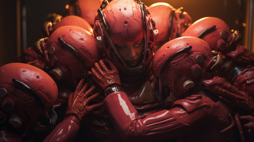 Group of aliens hugging eachother in dystopian cyberpunk setting