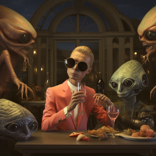 Stylish man enjoying wine with aliens