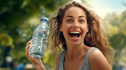 Smiling woman enjoying mineral water at the park