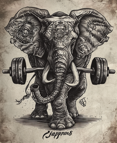 Vibrant American Style Heavy Metal Tattoo with Elephant and Dumbbells