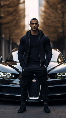 American man leaning on black Bugatti Chiron