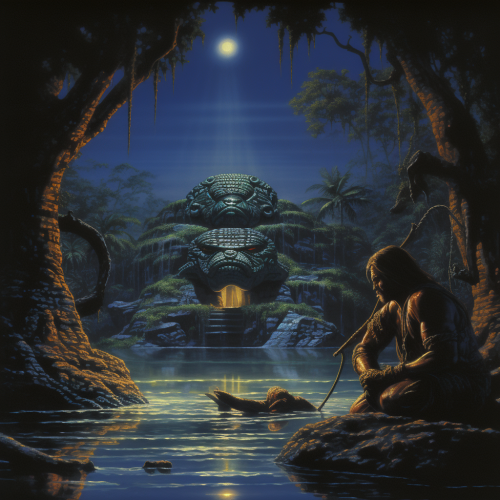 Dark Fantasy Image of Anaconda Warrior with Cheeseburgers