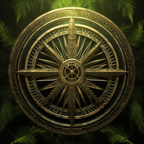 Mysterious ancient alien symbolism with palm fronds and a halo