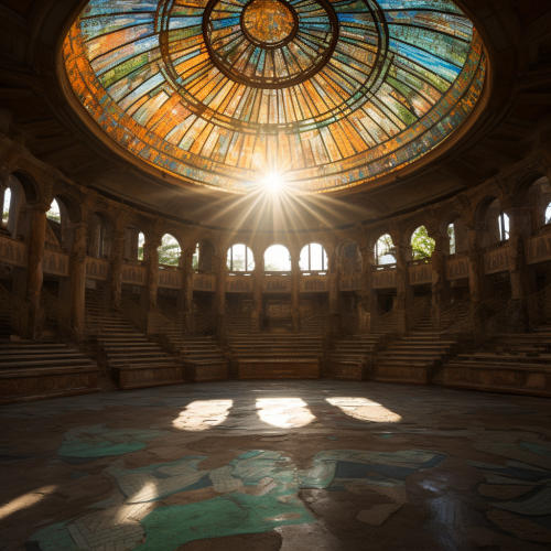 Stained glass dome revealing ancient Greek theater