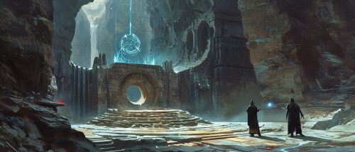 Two men exploring ancient ruin chamber