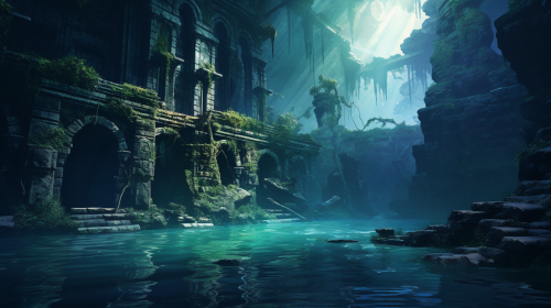 Ancient ruins with a magical glow in the jungle