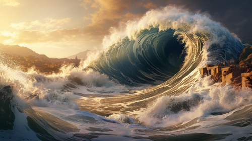 Ancient tsunami wave crashing with intensity