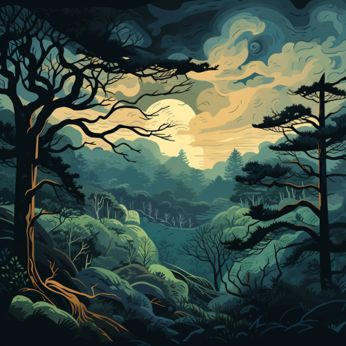 Silhouettes of Trees in Dark Green and Blue