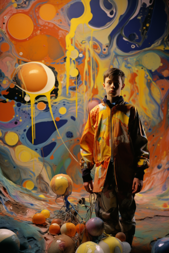 Androgynous boy covered in paint in a Kandinsky landscape