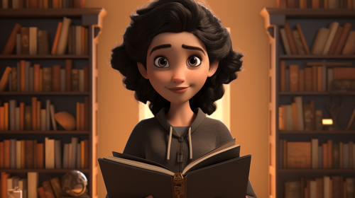 Androgynous female character holding books