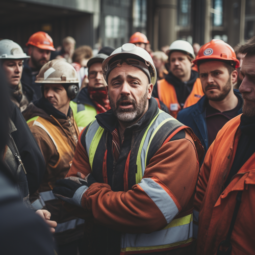 Angry construction workers at security checkpoint