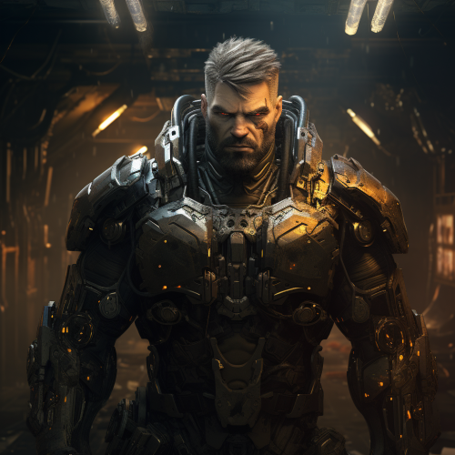 Angry cyberpunk man in heavy armor