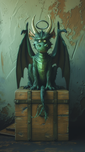 Angry dragon with halo sitting on wooden chest