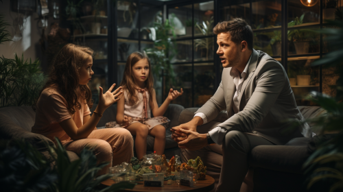 An enraged man arguing with his family.