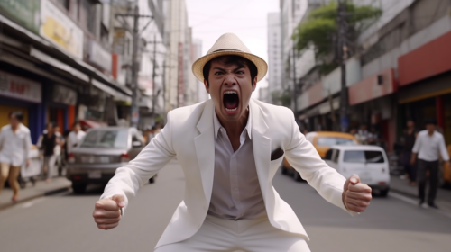 Young man in white suit shouting with fists clenched