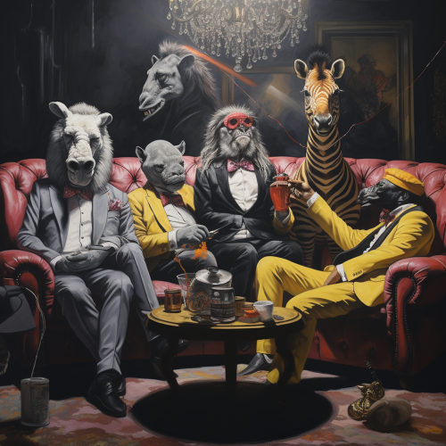 Animals enjoying a party on a sofa