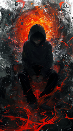 Hooded anime boy on throne with dark energies
