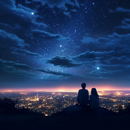 Anime styled couple sitting in Tokyo