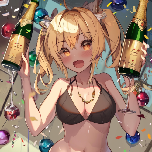 anime waifu celebrating with champagne