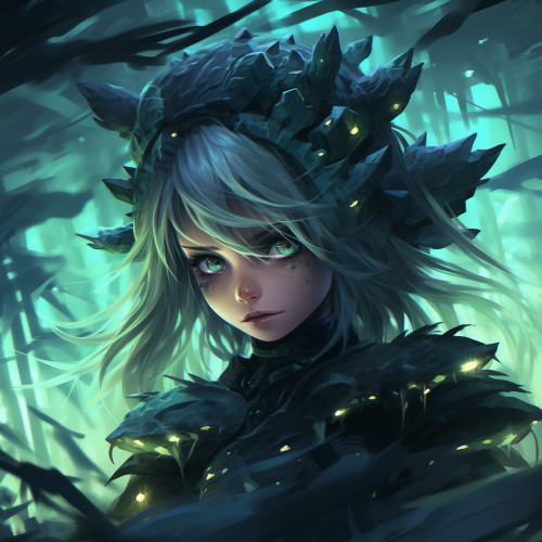 Anime character in action amidst alien jungle.