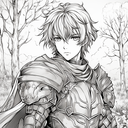 Black and white coloring page of an anime knight