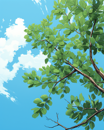 Anime tree branch with leaves against blue sky