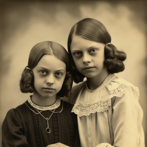 Studio photograph of grammar school-age sisters Anne & Maye