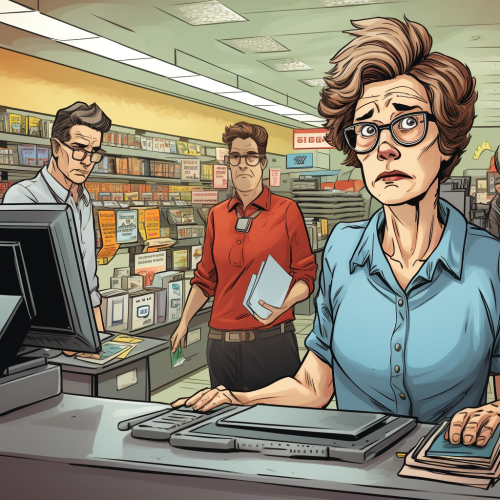 Annoyed older lady at grocery checkout