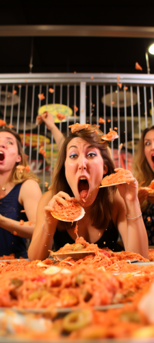 Women participating in trash eating competition Women participating in trash eating competition