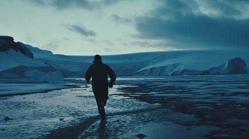Man running in Antarctica in terror Man running in Antarctica in terror