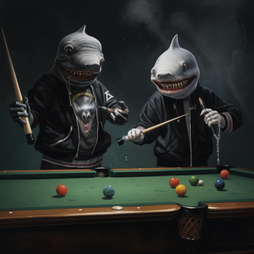 Anthropomorphic Sharks Playing Billiards