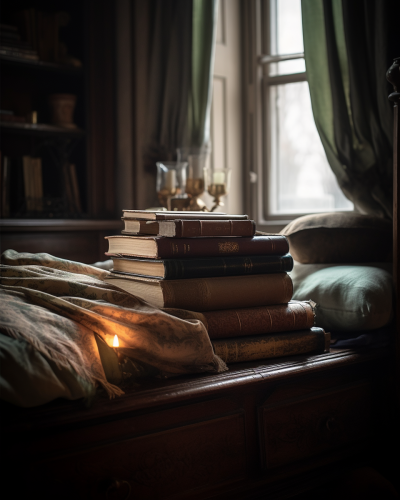 Close up of antique leather bound books
