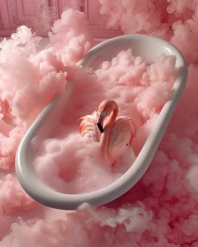 Antique white bathtub with pink flamingo