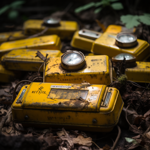 Antique yellow geiger counters resting on old concrete Antique yellow geiger counters resting on old concrete