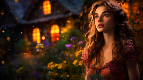 Slender woman in front of magical fairy forest cottage