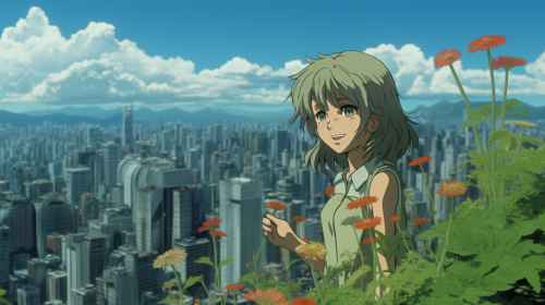 Young girl picking flowers in apocalyptic city