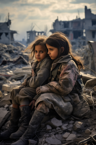 Two Arab girls fearfully embracing amidst destruction Two Arab girls fearfully embracing amidst destruction