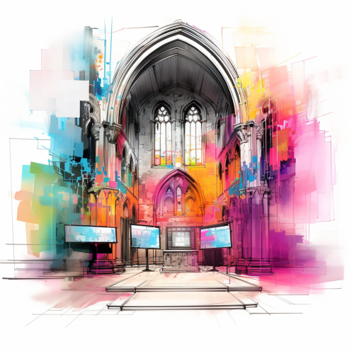 Colorful architectural projector screen inside church Colorful architectural projector screen inside church