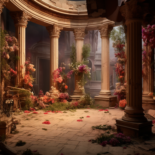 Stunning theater scene with columns and flowers