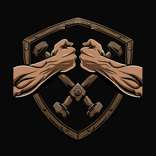 Armwrestling logo with iron shield background