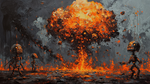 Burning army of broken robots