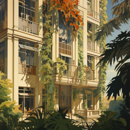 Art Deco High Rise Sunlight Foliage Detail Windows