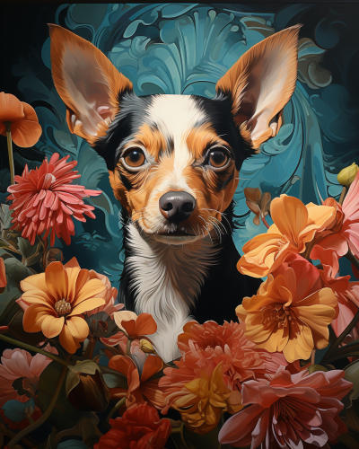 Art Deco puppy surrounded by flowers