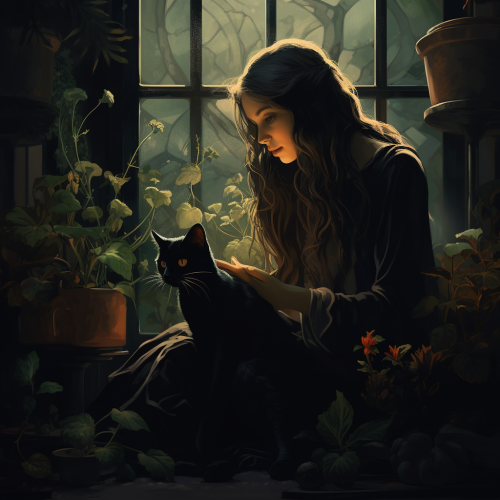 Art girl and cat in dark academia vibes