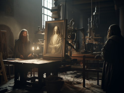 Leonardo da Vinci observing 3D Printing Machine